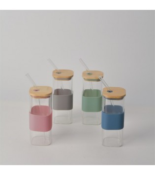 BANBU KAPAKLI KARE PİPETLİ CAM KUPA 400ML