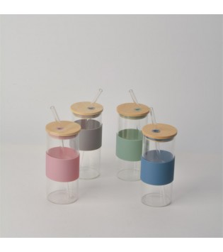 BANBU KAPAKLI PİPETLİ CAM KUPA 400ML