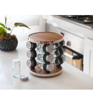 AHŞAP STANDLI DÖNERLİ METAL/CAM BAHARATLIK